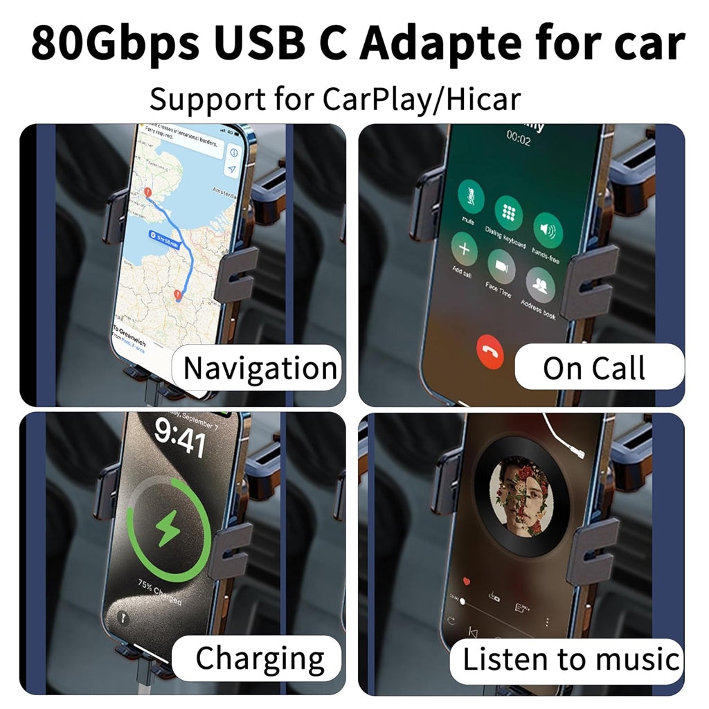 TECPHILE 80Gbps USB-C Adapter supports CarPlay and HiCar for navigation, calls, charging, and music, enhancing in-car connectivity and functionality.