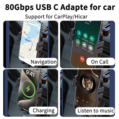 TECPHILE 80Gbps USB-C Adapter supports CarPlay and HiCar for navigation, calls, charging, and music, enhancing in-car connectivity and functionality.