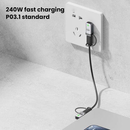 TECPHILE 240W Type-C Adapter plugged into wall socket and laptop, demonstrating P03.1 standard fast charging for efficient power delivery.