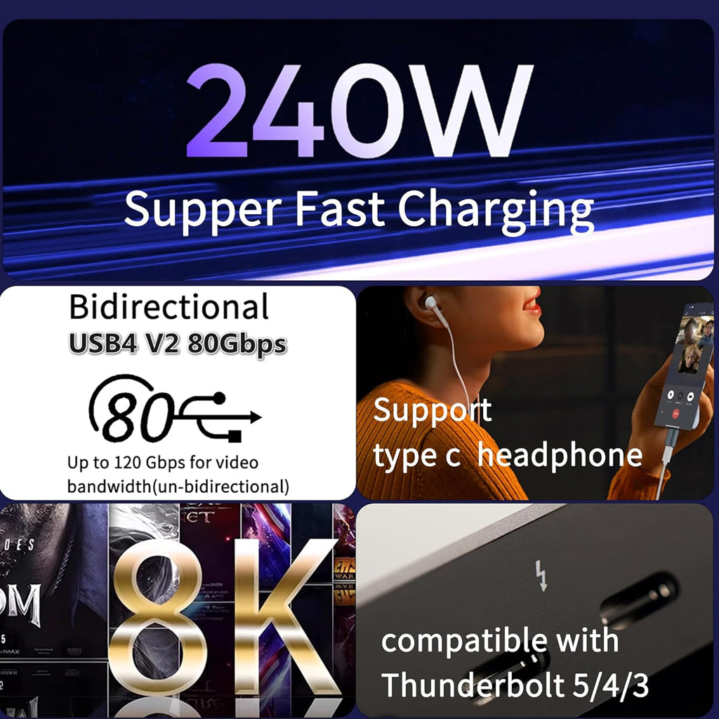 TECPHILE 240W Type-C Adapter supports USB4 80Gbps, 8K video, and Type-C headphones, enhancing compatibility and performance for USB-C devices.