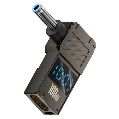 TECPHILE 100W PD Type-C to DC Adapter with digital display showing voltage and wattage, compatible with HP laptops, angled connector design