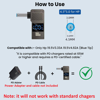 TECPHILE 100W Type-C to DC Adapter usage guide for HP laptops with 4.5x3.0mm blue tip, requires PD-certified cable and adapter