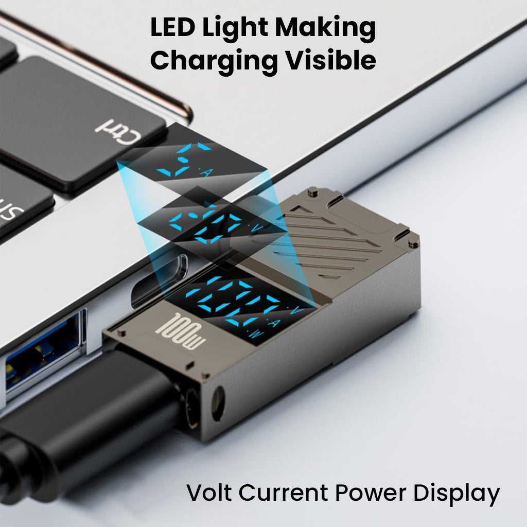 TECPHILE 100W PD Adapter connected to laptop with LED display showing real-time voltage, current, and power output
