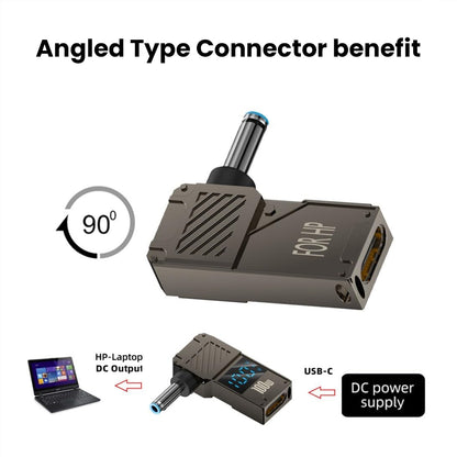 TECPHILE 100W PD Adapter with 90-degree angled connector for HP laptops, USB-C input and DC output for efficient charging