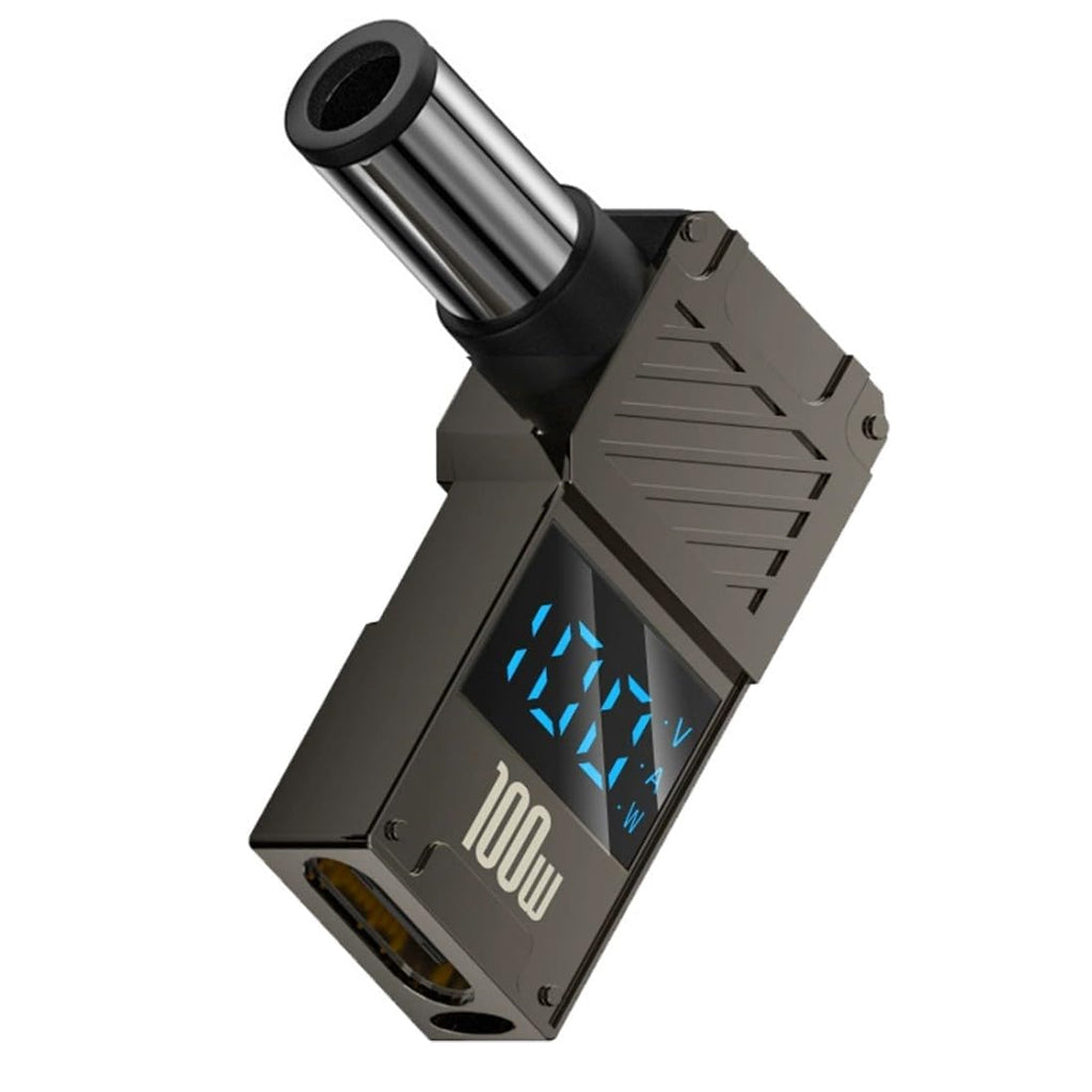 Close-up of TECPHILE 100W PD Type-C to DC Adapter with digital display and 7.4x5.0mm connector for HP laptops