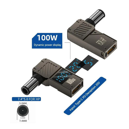 TECPHILE 100W Adapter with digital display and Type-C input, compatible with HP laptops using 7.4x5.0mm DC jack