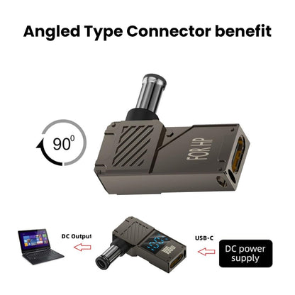Angled connector design of TECPHILE 100W Adapter for HP laptops, USB-C to DC power conversion with 90-degree benefit