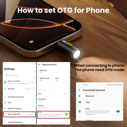 Guide to enable OTG mode for using TECPHILE Mini Flashlight Adapter with smartphones, ensuring proper connection and functionality.