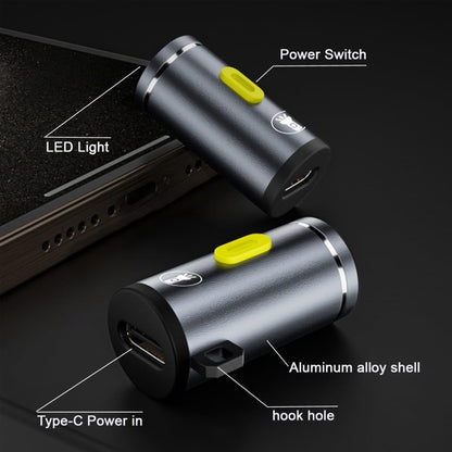 Detailed view of TECPHILE Mini Flashlight Adapter showing LED light, aluminum alloy shell, Type-C input, and hook hole for keychain use.