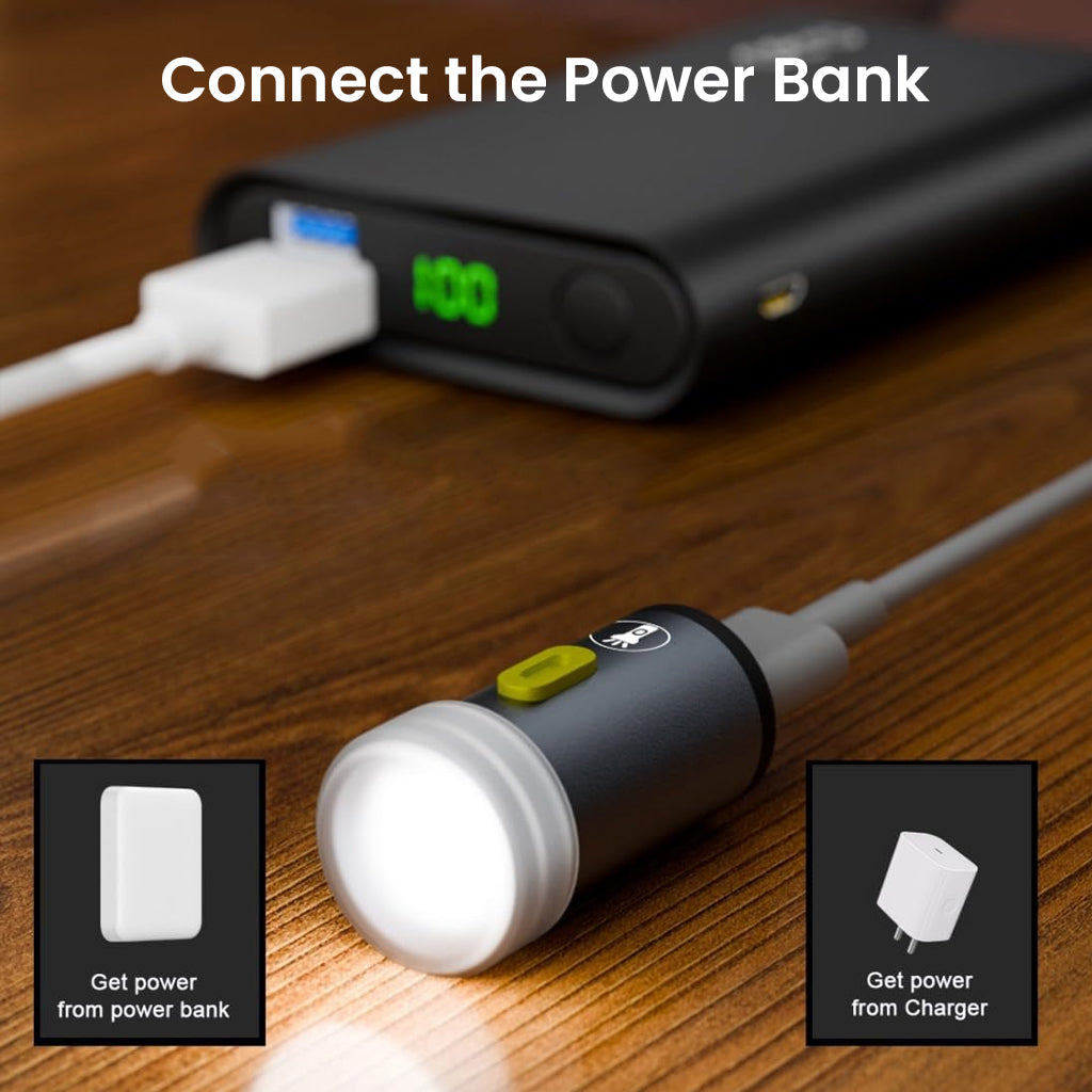 TECPHILE Mini Flashlight Adapter connects to power bank or charger via USB-C, delivering bright light for mobile and emergency use.
