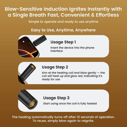 TECPHILE-OTG Igniter Adapter usage guide showing 3-step process for blow-sensitive ignition, easy plug-and-use design for Type-C smartphones.