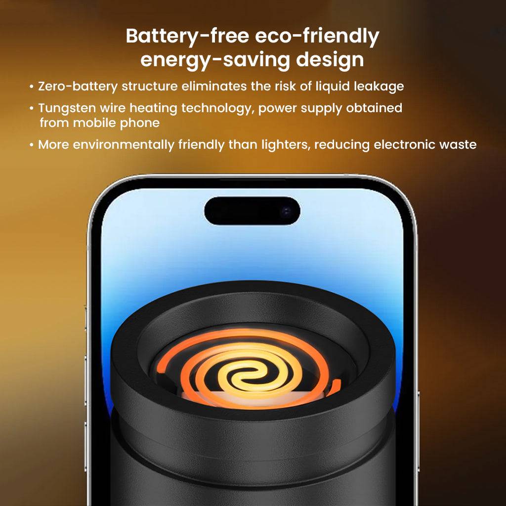 TECPHILE-OTG Igniter Adapter with eco-friendly, battery-free design using tungsten coil powered by USB-C, reducing electronic waste.