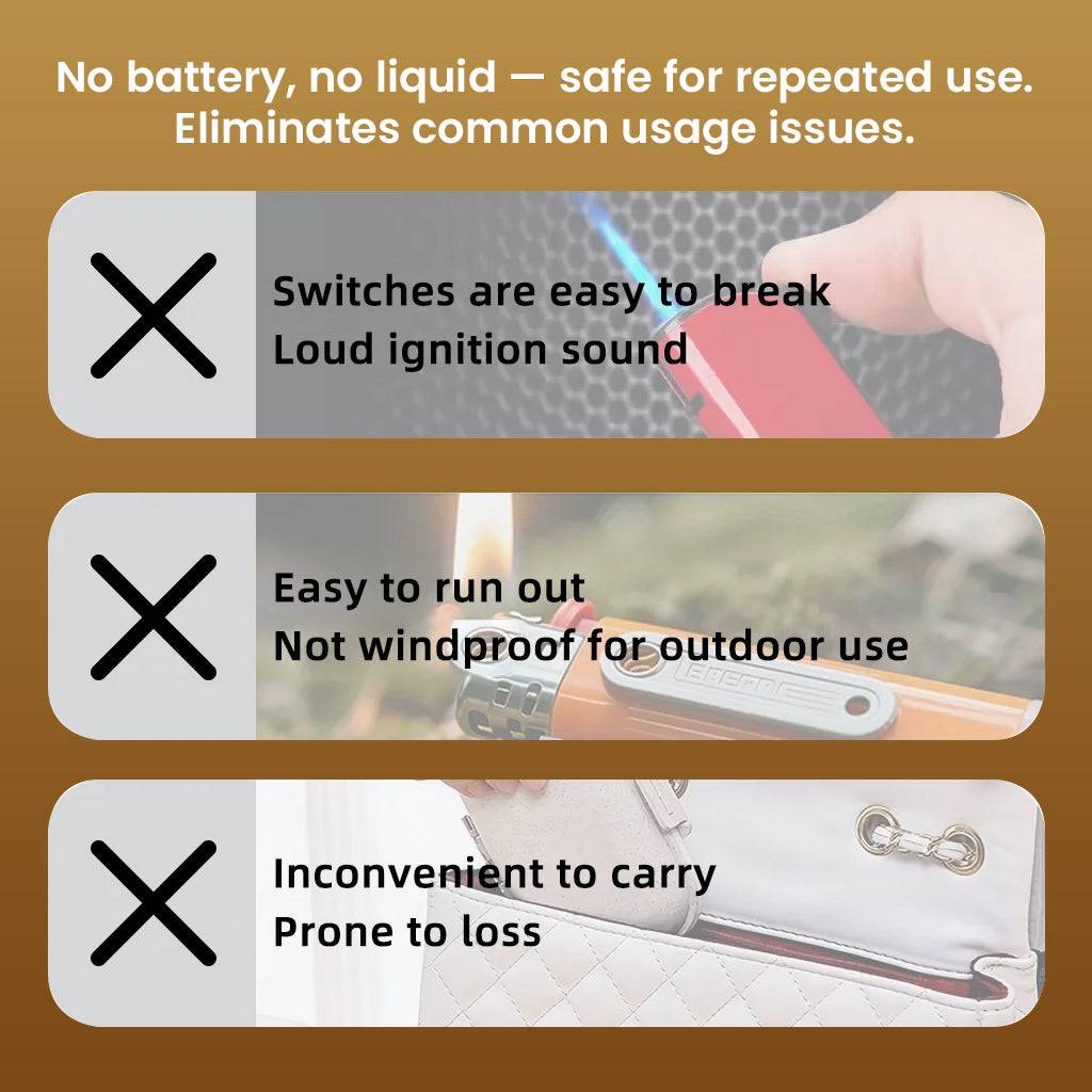 TECPHILE-OTG Igniter Adapter comparison highlighting safety and convenience over traditional lighters, no fuel or switches required.