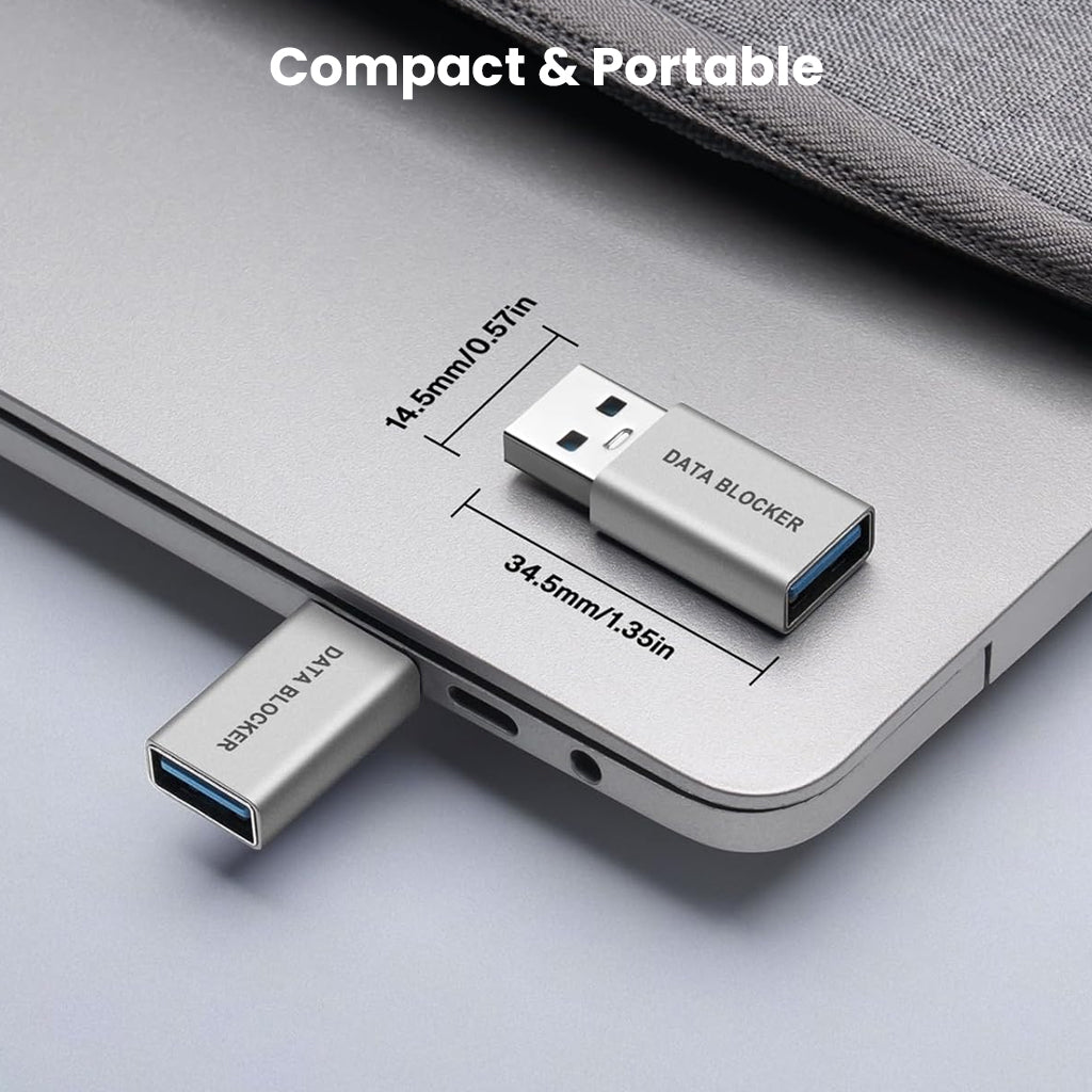 Compact and portable TECPHILE USB-A Data Blocker Adapter fits easily into laptops for secure, on-the-go charging protection.