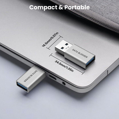 Compact and portable TECPHILE USB-A Data Blocker Adapter fits easily into laptops for secure, on-the-go charging protection.