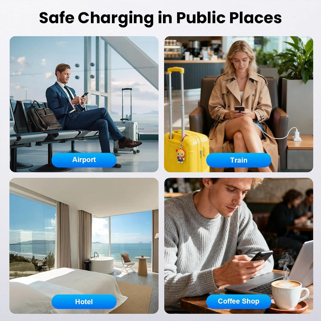 TECPHILE USB-A Data Blocker Adapter enables safe charging in public places like airports, trains, hotels, and coffee shops.