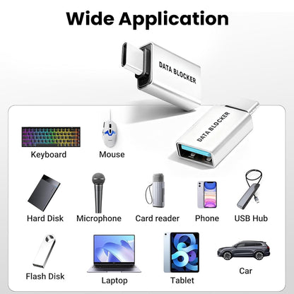 TECPHILE USB-C Data Blocker Adapter supports wide application with secure charging for devices like laptops, phones, and USB hubs.