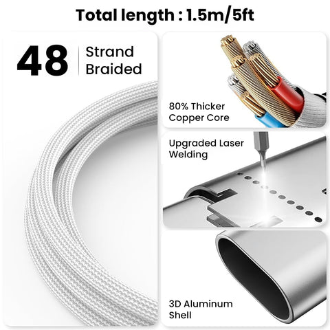 Close-up of TECPHILE 100W PD cable showing 48-strand braided design, thicker copper core, and 3D aluminum shell for durability and fast charging.