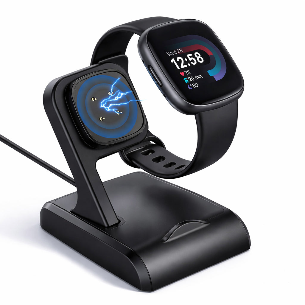 TECPHILE Charging Dock powers Fitbit Sense with magnetic alignment and ergonomic stand, ensuring fast and secure smartwatch charging.