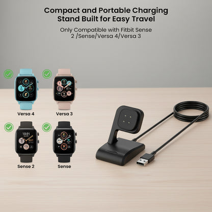 TECPHILE USB Charging Dock compatible with Fitbit Sense, Versa 3, Versa 4, and Sense 2, designed for compact travel and easy use.