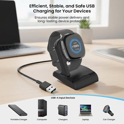 TECPHILE USB Charging Dock ensures efficient and safe charging for Fitbit Sense & Versa 3 via laptops, power banks, and car chargers.