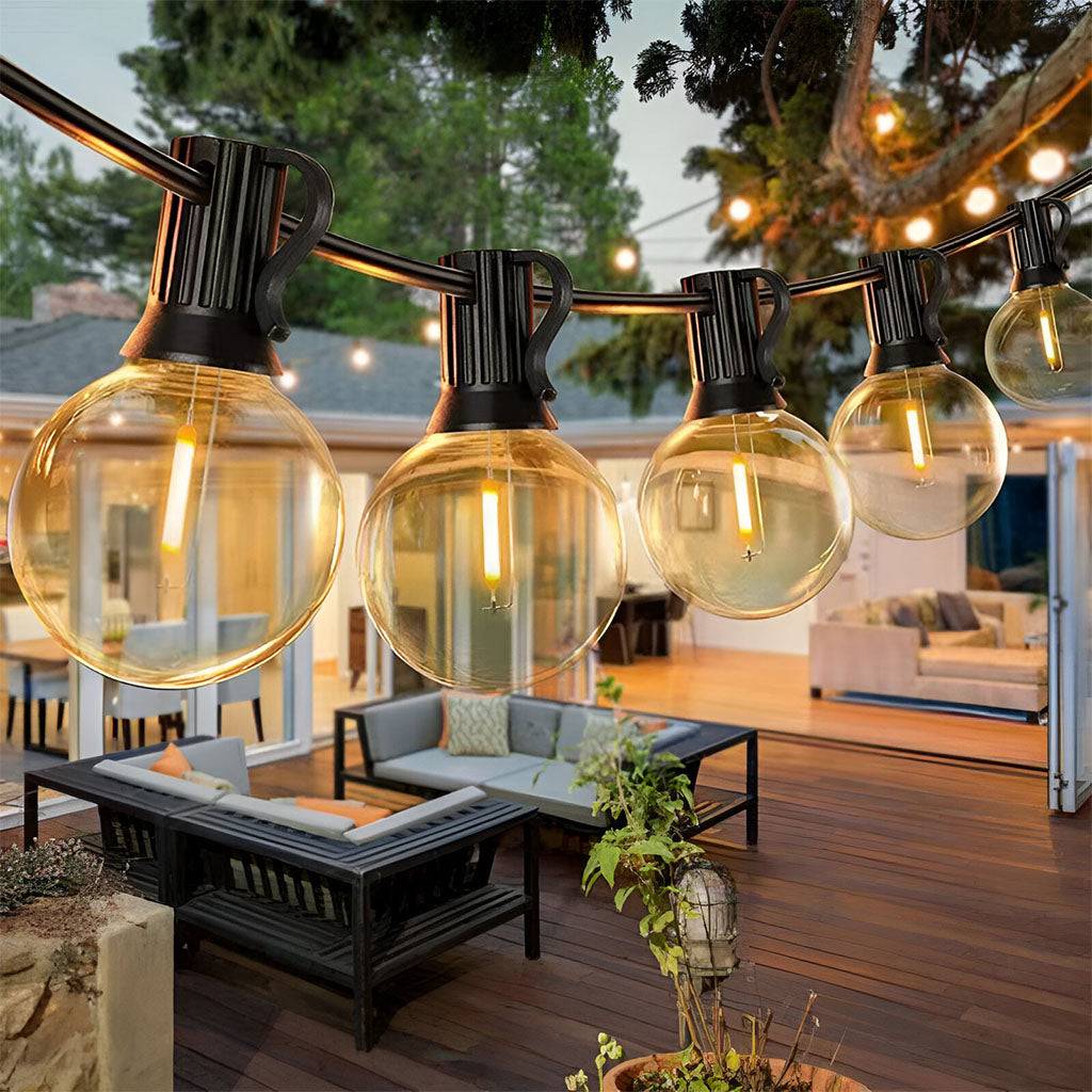 TECPHILE G40 outdoor string lights with waterproof and shatterproof bulbs, elegantly illuminating a patio space. Ideal for garden, backyard, and festive decor.