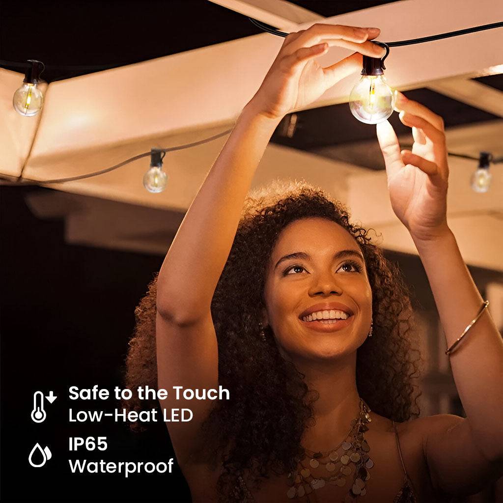 TECPHILE G40 outdoor string lights with waterproof and shatterproof bulbs, ideal for patios and gardens. Energy-saving LED design with IP65 rating.