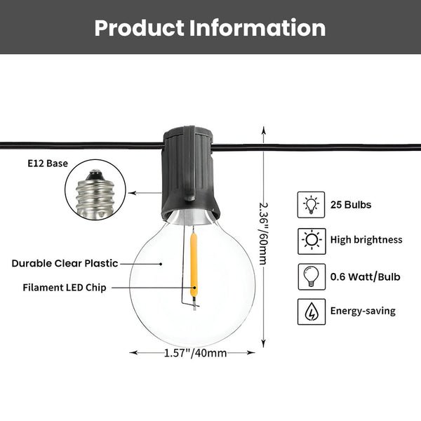 TECPHILE - G40 Outdoor String Lights Waterproof & Shatterproof Bulbs - 6