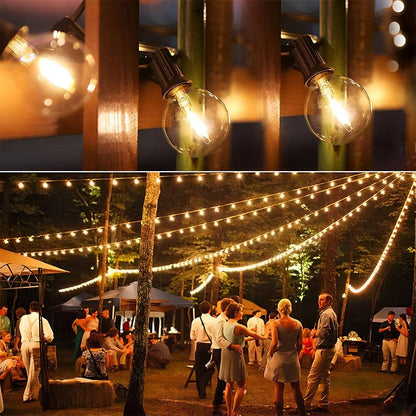 TECPHILE G40 outdoor string lights with waterproof and shatterproof bulbs, elegantly illuminating an outdoor event with warm ambient lighting.
