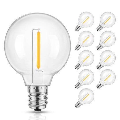 TECPHILE G40 string light replacement bulbs with shatterproof E12 base in warm white, shown in a 10-pack for patio and home lighting.