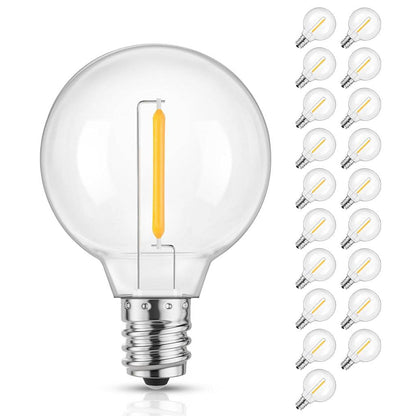 TECPHILE G40 LED replacement bulbs with E12 base, warm white, displayed in a 15-pack ideal for decorative outdoor string lighting.