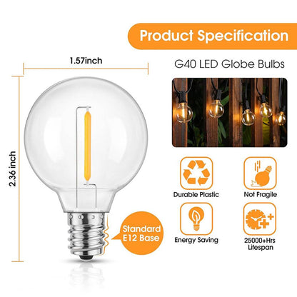 Product specifications for TECPHILE G40 LED globe bulbs with E12 base, emphasizing energy saving, durability, and 25,000-hour lifespan.