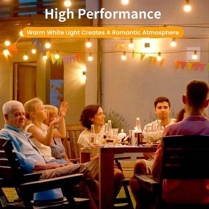 High-performance TECPHILE G40 LED bulbs in warm white lighting up an evening gathering, enhancing ambiance with romantic glow.