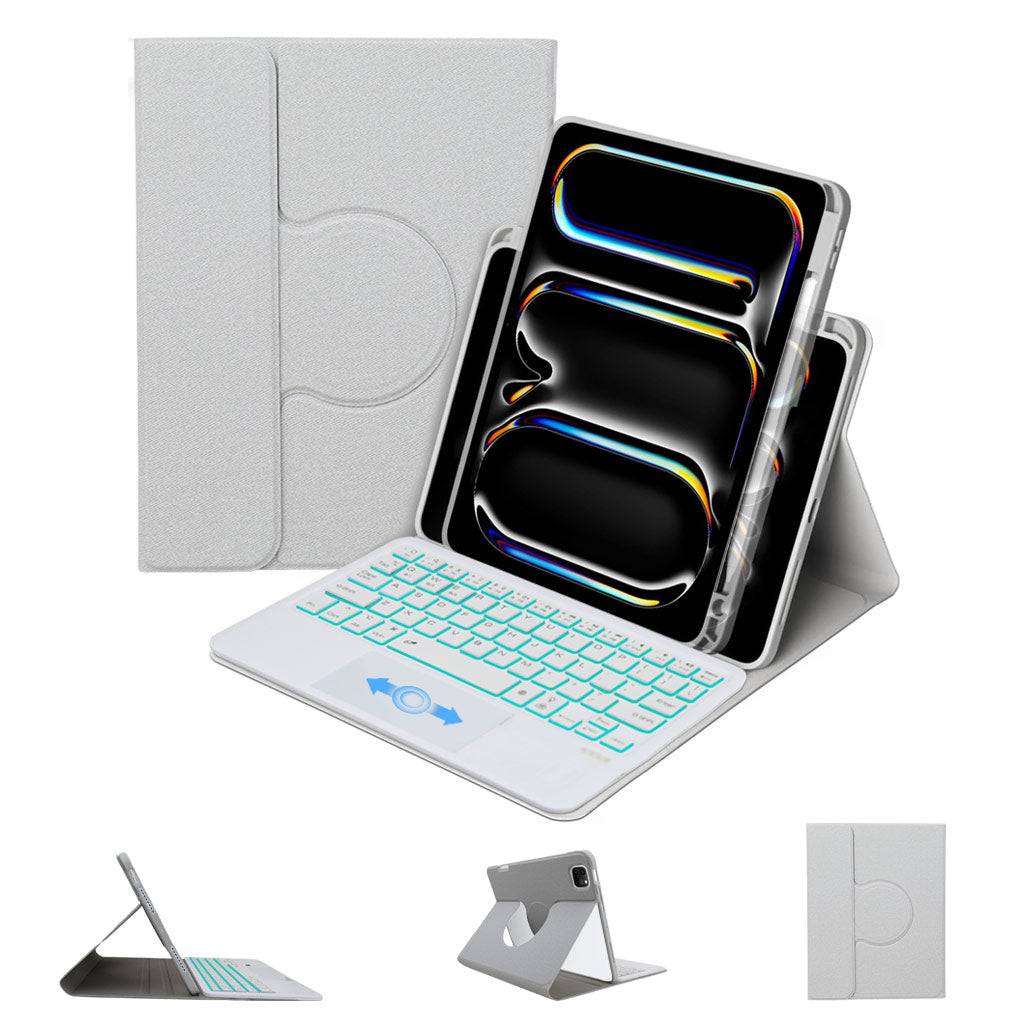 White HDT-Pro11 keyboard case for iPad Pro 11 M4 2024 with transparent back, 360° rotatable stand, and glowing backlit keys.
