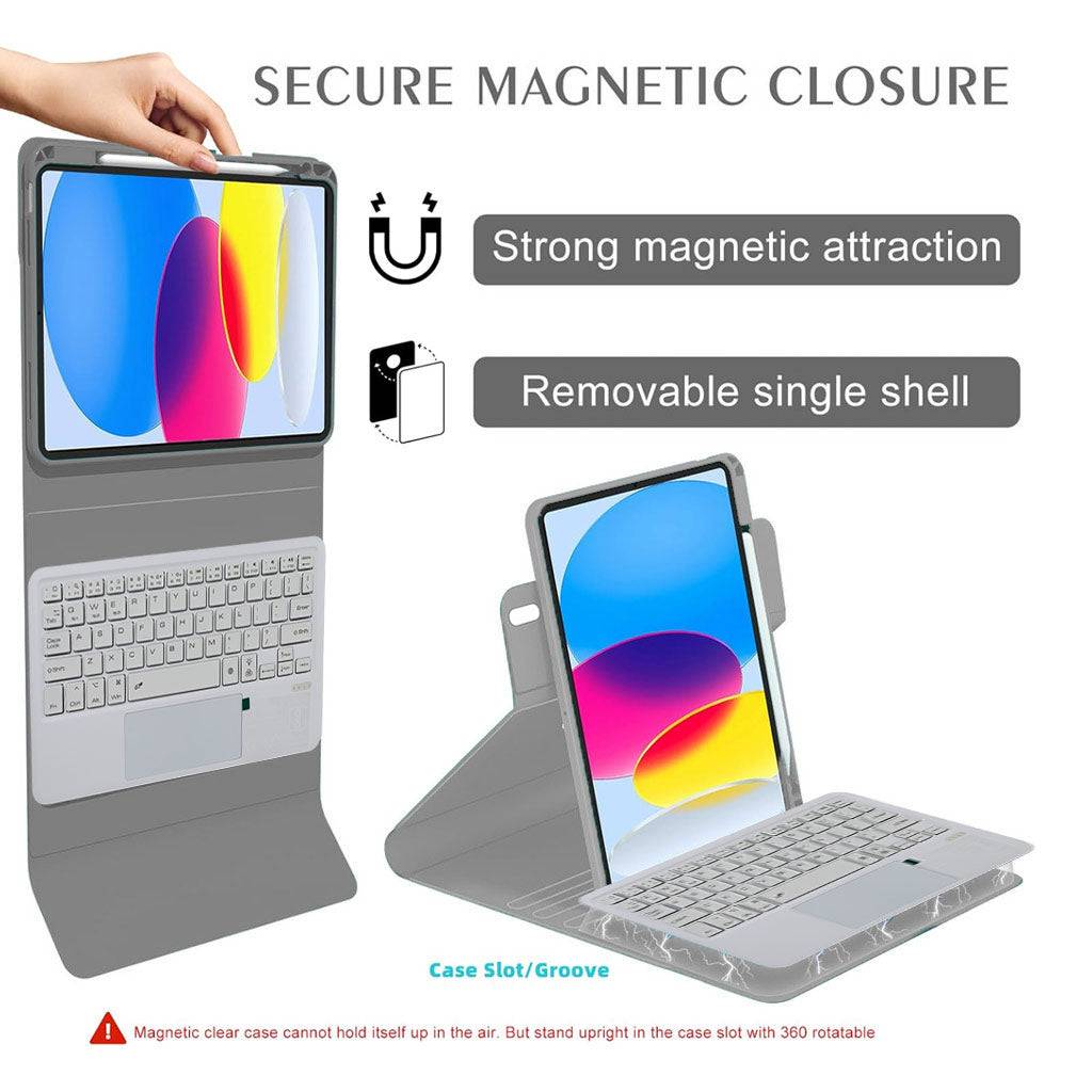 Secure magnetic closure and removable shell design in keyboard case for iPad Pro 12.9 inch 2022, ensuring strong attachment and portability.