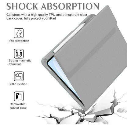 Shock-absorbing TPU and transparent back cover in iPad keyboard case, offering fall protection and 360° rotation for iPad Pro 12.9 inch.