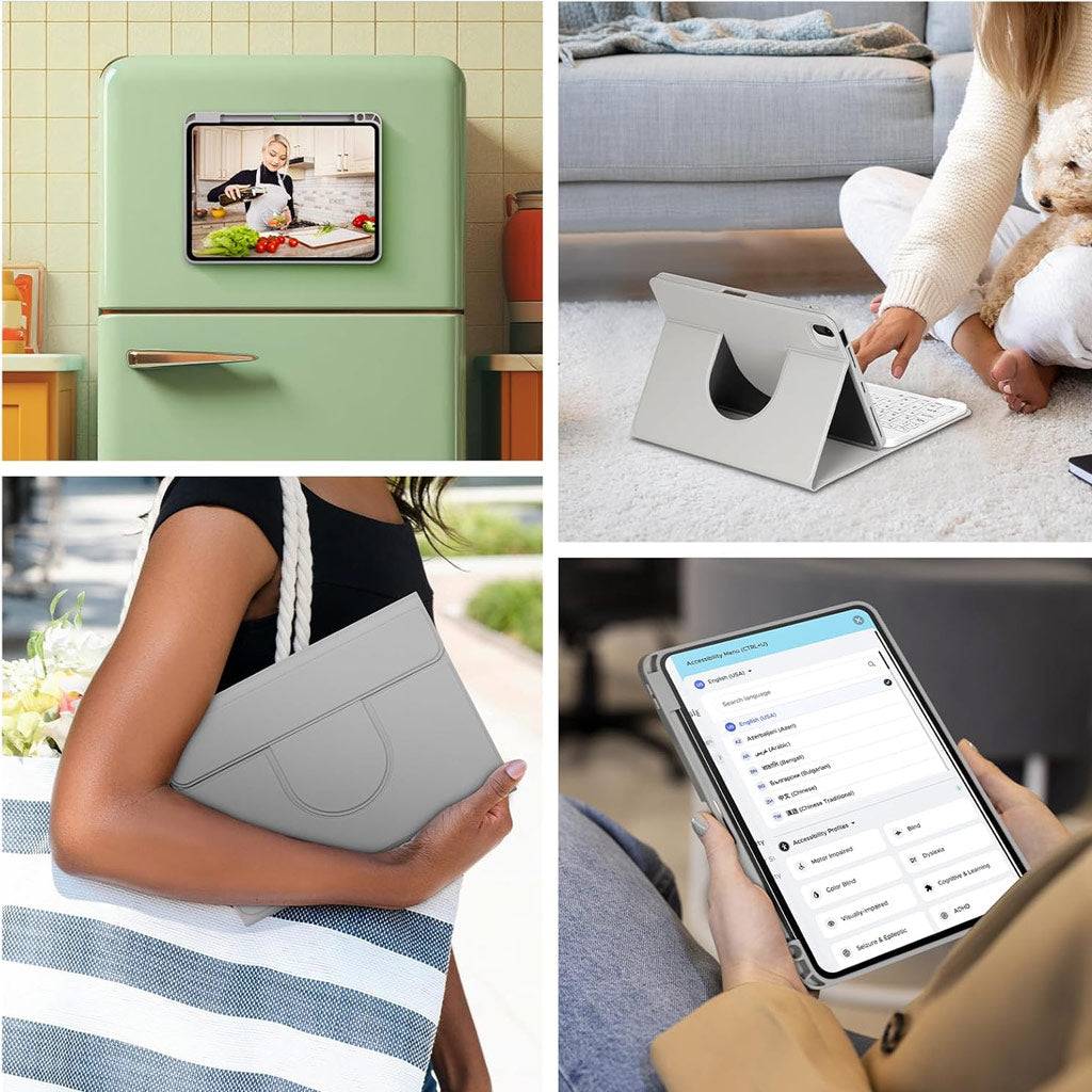 Lifestyle usage of iPad keyboard case in various settings including kitchen, living room, and on-the-go, showcasing portability and versatility.
