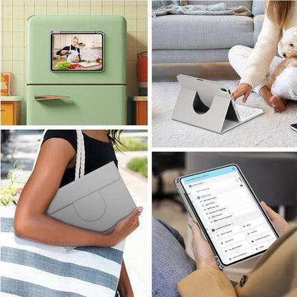 Lifestyle usage of iPad keyboard case in various settings including kitchen, living room, and on-the-go, showcasing portability and versatility.