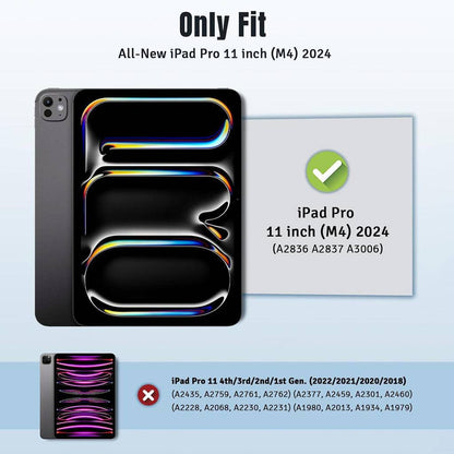 Compatibility chart showing keyboard case fits only iPad Pro 11 inch (M4) 2024, not earlier iPad Pro 11 models.