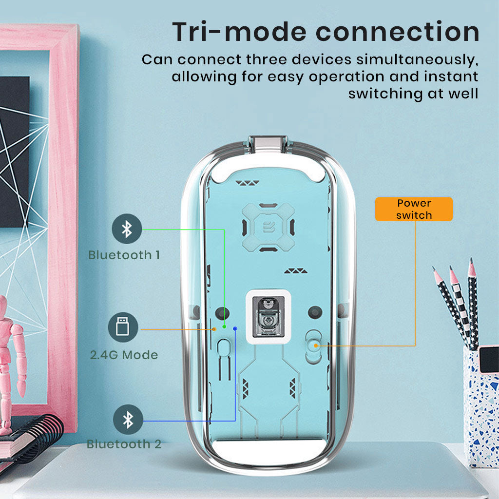 TECPHILE M133 Transparent Wireless RGB Mouse, Tri-Mode Connectivity