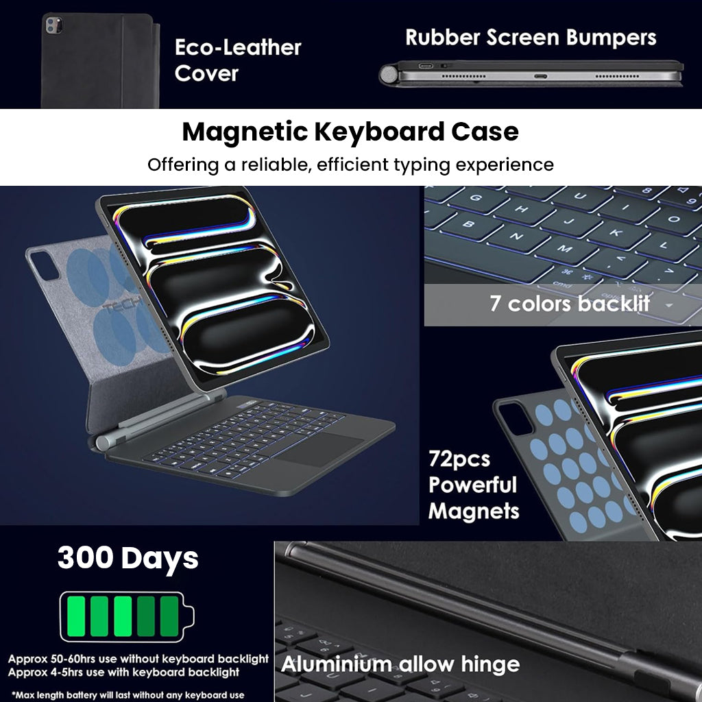 Magnetic keyboard case with backlit keys and eco-leather