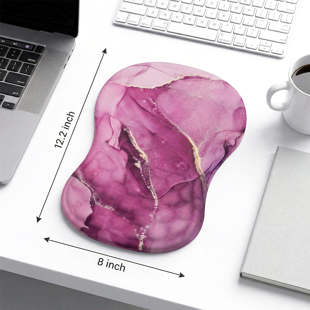 Pink marble mouse pad on workspace with keyboard and coffee