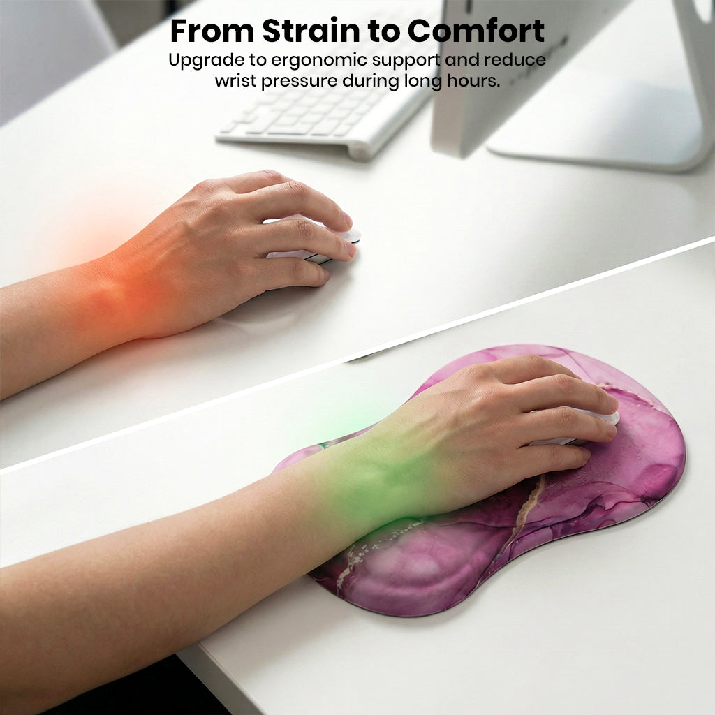 Ergonomic pink marble mouse pad with wrist support and non-slip bottom