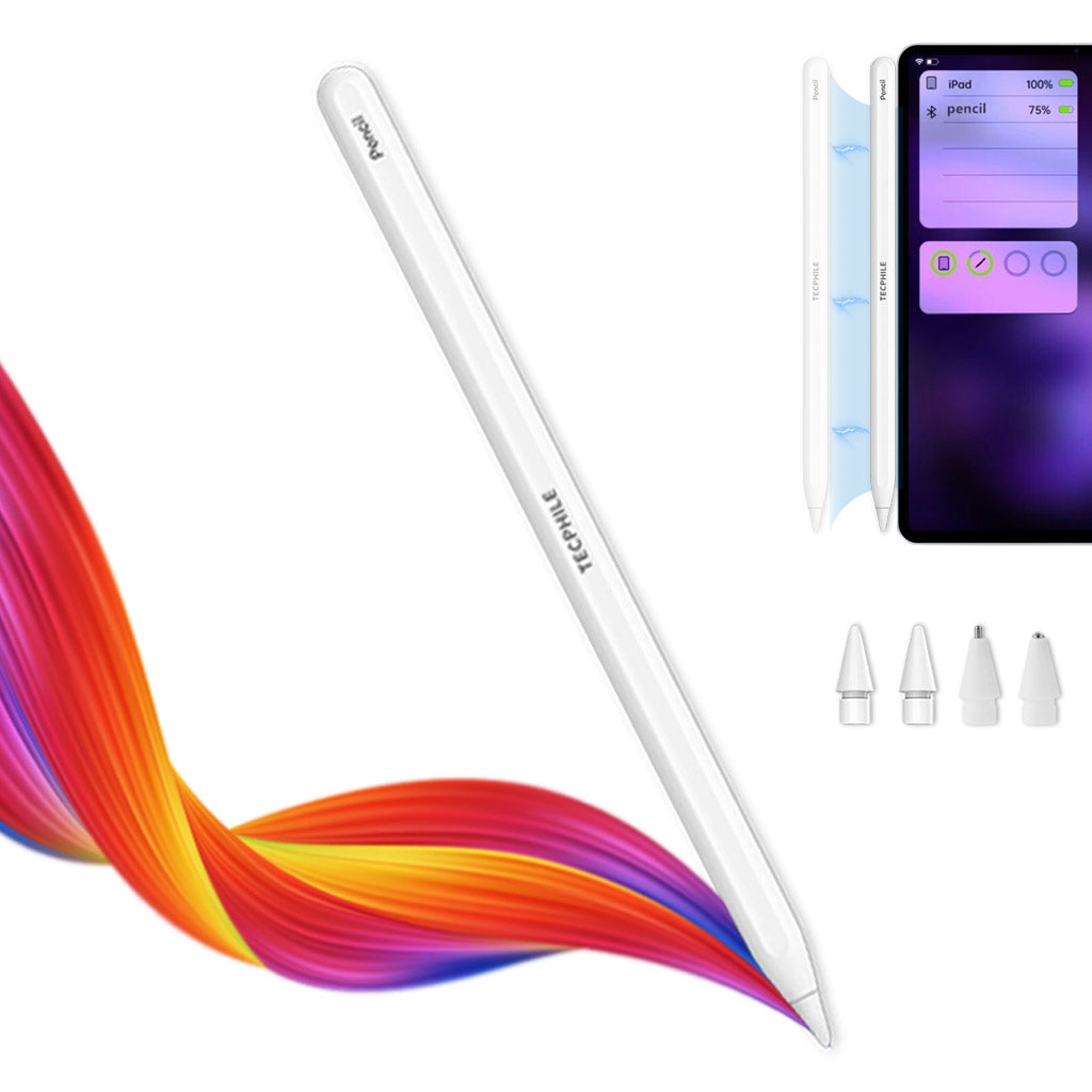 TECPHILE P2 Bluetooth iPad Pencil with Wireless Charging shown with colorful digital strokes, extra nibs, and iPad compatibility display.
