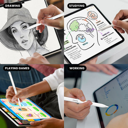 TECPHILE P2 Bluetooth iPad Pencil used for drawing, studying, gaming, and working on iPads, showcasing versatility.