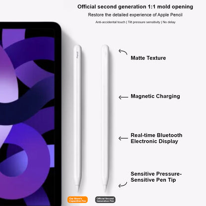 Side-by-side view of TECPHILE P2 Bluetooth iPad Pencil showing matte texture, magnetic charging, and pressure-sensitive tip.