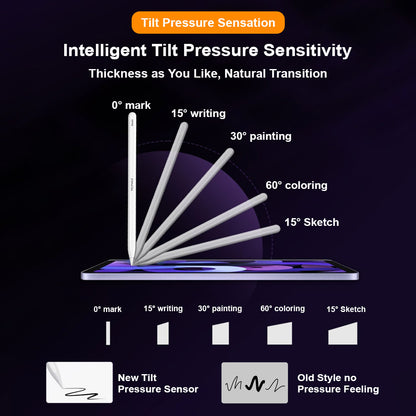 TECPHILE P2 stylus demonstrating intelligent tilt pressure sensitivity for sketching, writing, and coloring at various angles.