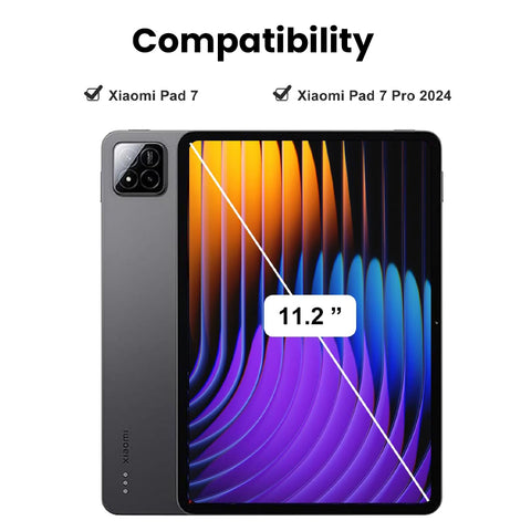Compatibility view of PST-M7112 Keyboard Case showing fit for Xiaomi Pad 7 and Pad 7 Pro 11.2” 2024 with precise camera and button cutouts.