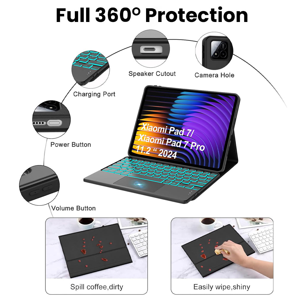 PST-M7112 Keyboard Case offers 360° protection for Xiaomi Pad 7 / 7 Pro 11.2” with spill-resistant surface and easy-clean folio cover.