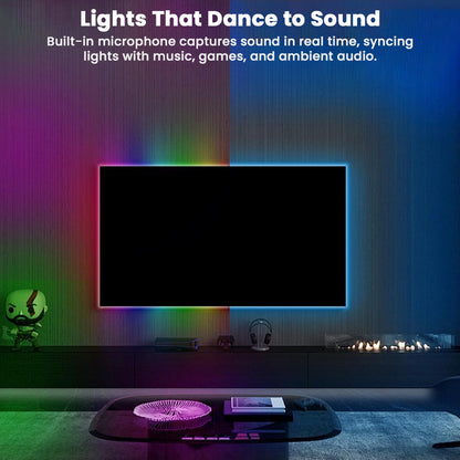 TECPHILE RGBIC Neon LED Strip Light syncs with sound using built-in mic, ideal for gaming, music, and immersive entertainment setups.